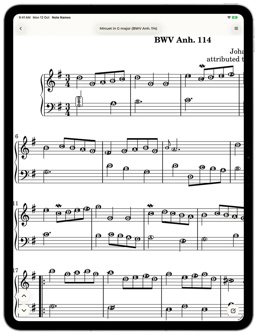 Bach's Minuet in G on iPad with the letter name inside every notehead