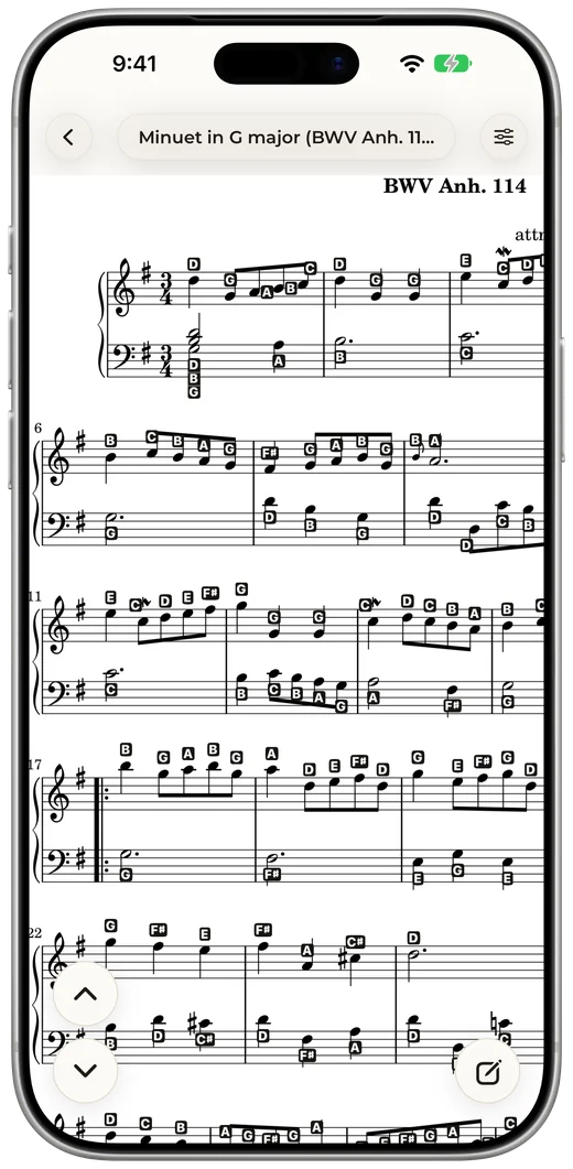 The same Minuet on iPhone with letters above and below the staff